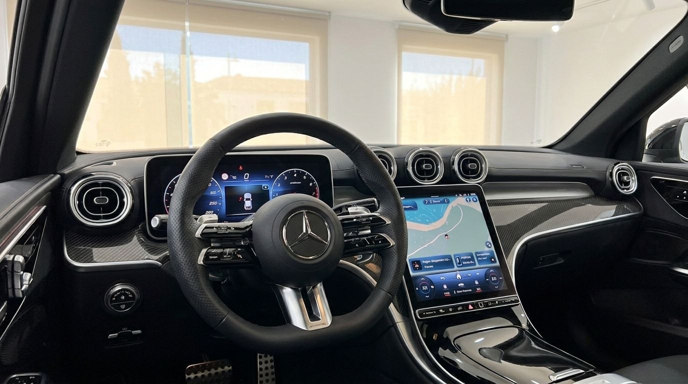 El lujoso interior del Mercedes-Benz GLC 300 AMG Line en Ibiza, mostrando su moderno salpicadero y pantallas digitales.