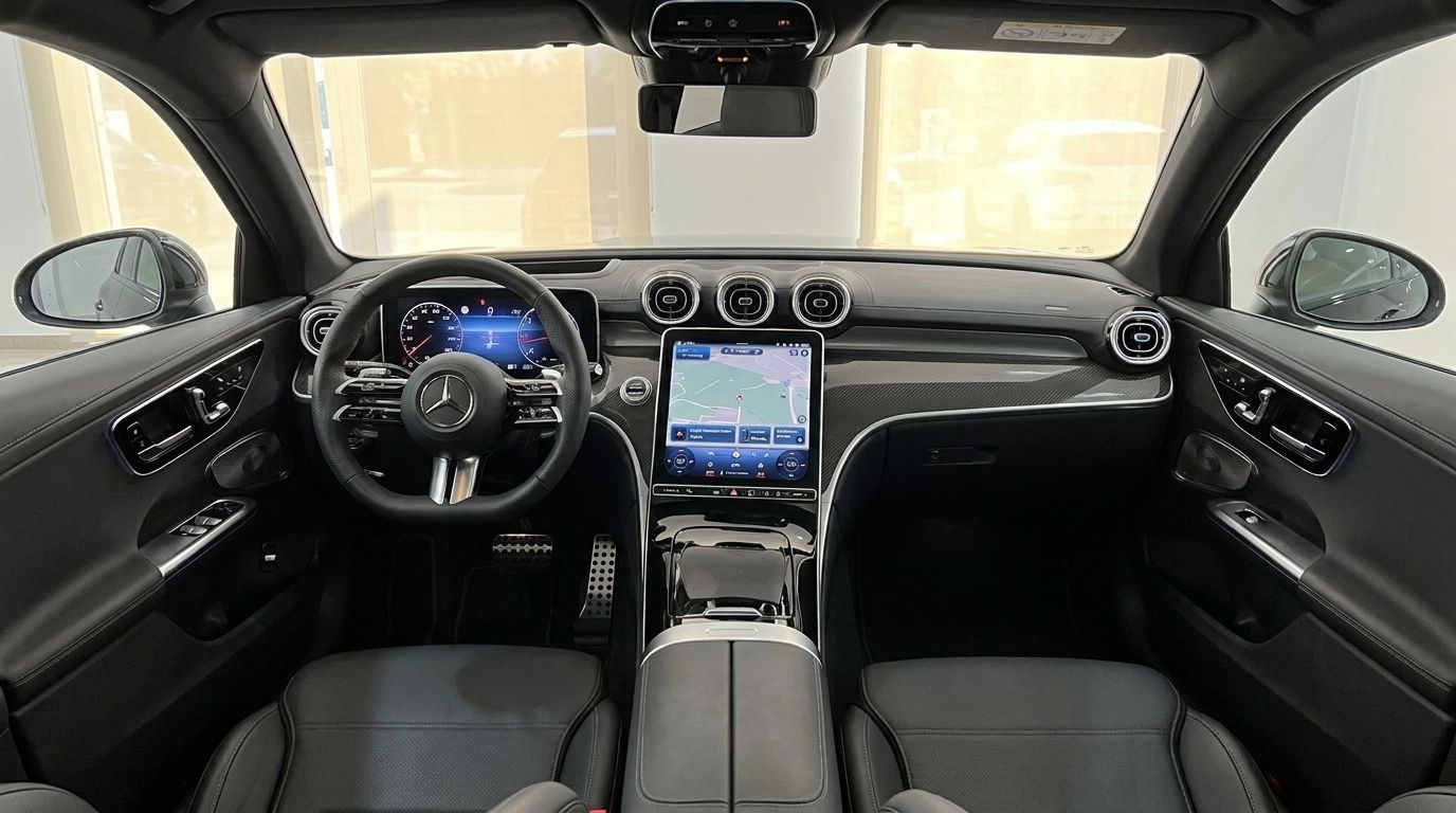 El lujoso habitáculo interior del Mercedes-Benz GLC 300 AMG Line en Ibiza, con un salpicadero moderno, pantallas digitales y asientos de cuero negro.