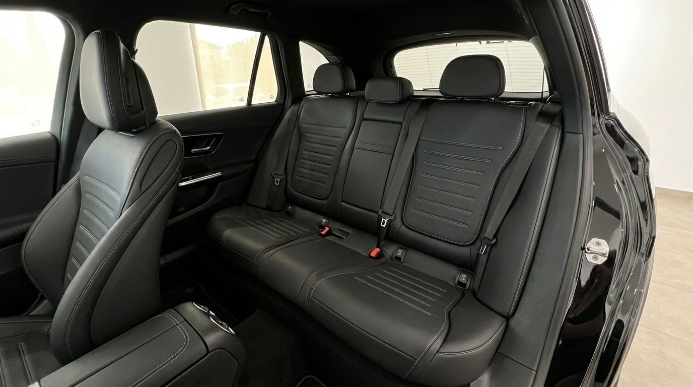 Los lujosos asientos traseros de cuero negro del Mercedes-Benz GLC 300 AMG Line, disponible para alquilar en Ibiza.