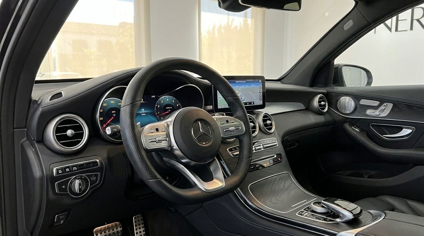 The luxurious interior of the Mercedes-Benz GLC 300 AMG Line, featuring the steering wheel, dashboard, and infotainment screen in Alicante.