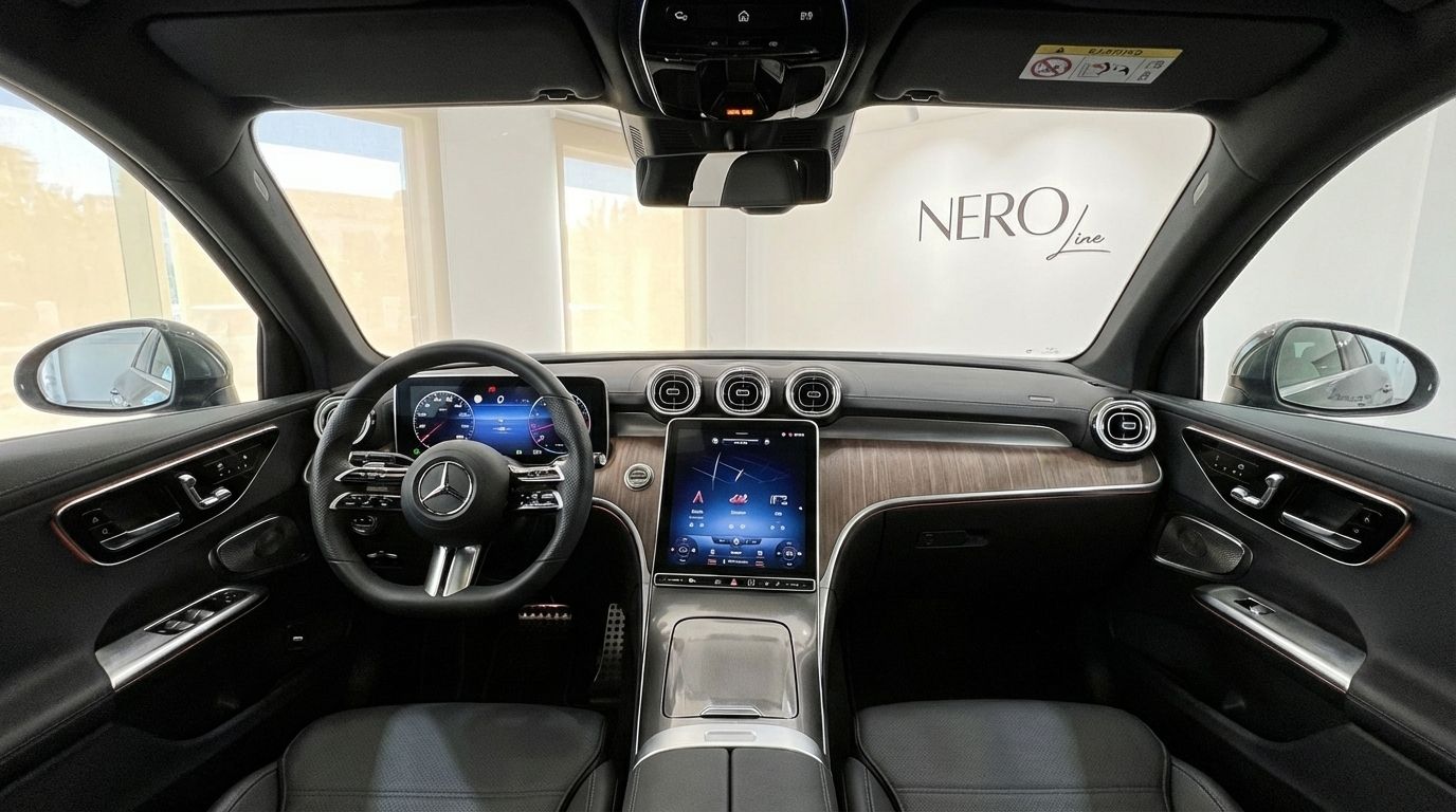 The luxurious interior cockpit of the Mercedes-Benz GLC 300d Coupe, featuring a digital dashboard and central touchscreen, available in Alicante.