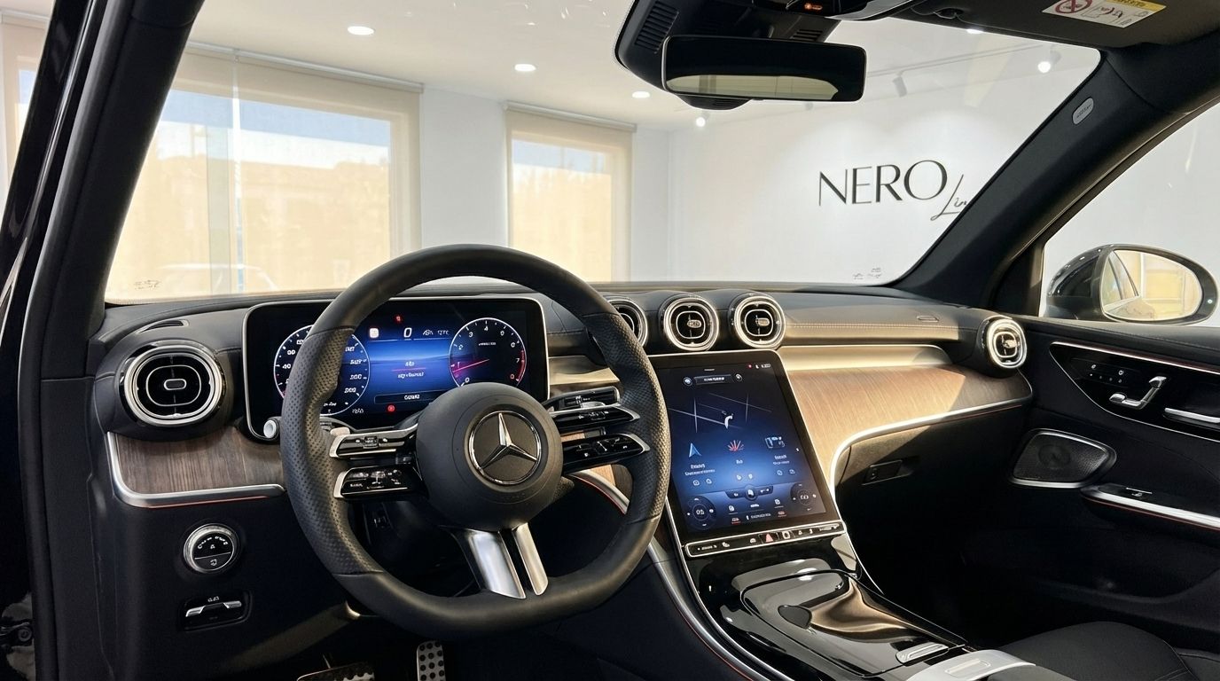 The luxurious interior cockpit of the 2025 Mercedes-Benz GLC 300d Coupe, featuring its steering wheel, digital dashboard, and central display in Alicante.