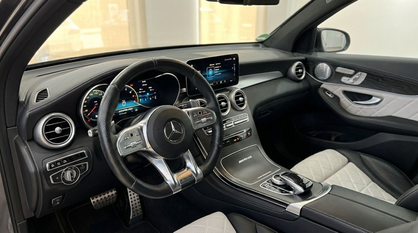 The luxurious interior of the Mercedes-Benz GLC 63 S AMG, featuring the steering wheel, dashboard, and white quilted seats in Marbella.