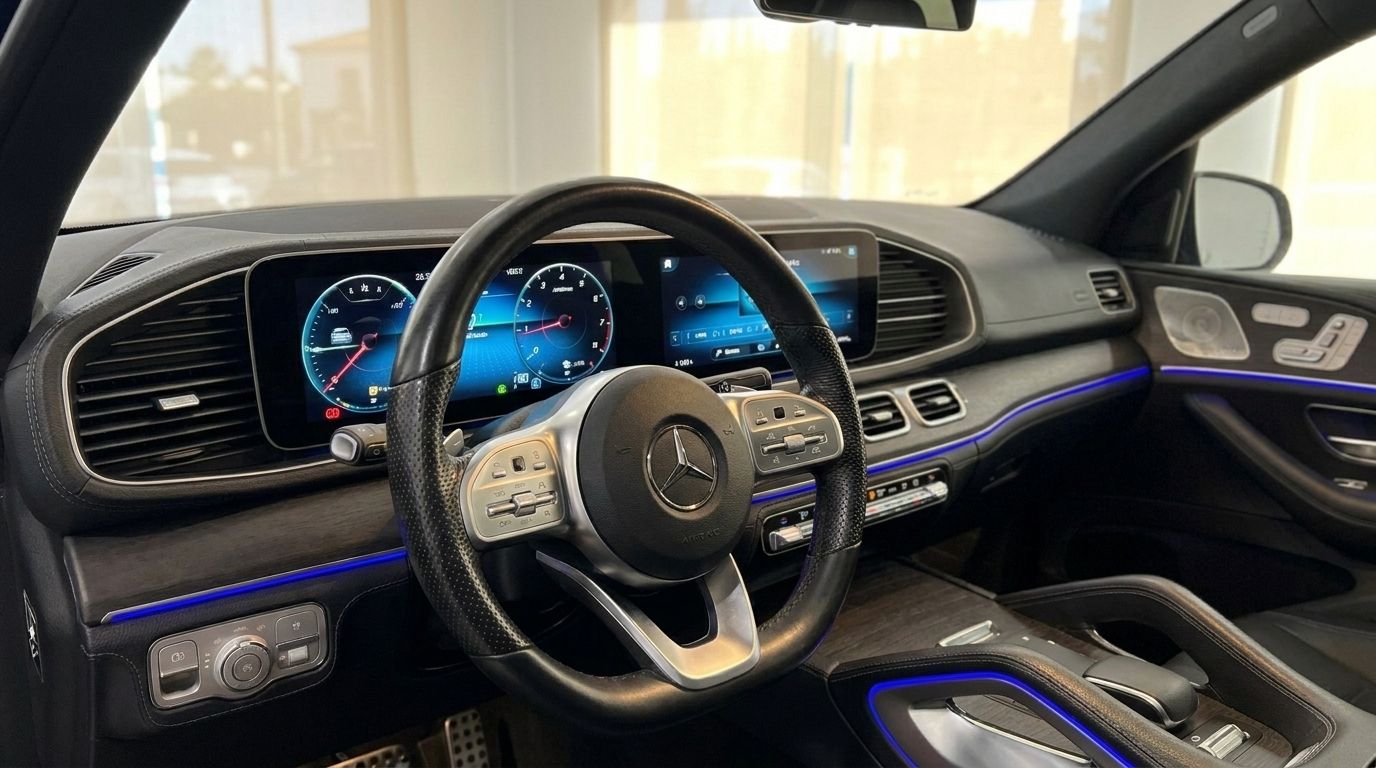 El lujoso habitáculo interior del Mercedes-Benz GLE 350de en Alicante, con el volante, el salpicadero digital y la iluminación ambiental azul.