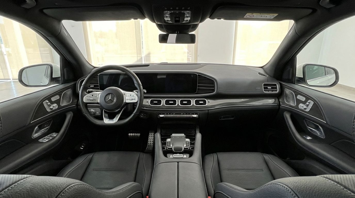 The luxurious black leather cockpit of the Mercedes-Benz GLE 350e AMG, showcasing the dashboard and steering wheel in Alicante.