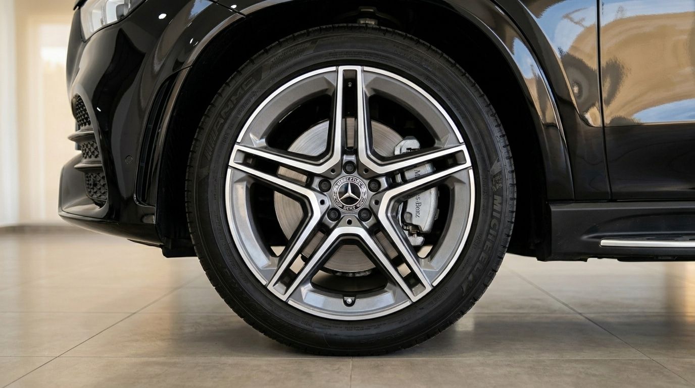 La rueda delantera del Mercedes-Benz GLE 450 AMG negro muestra una llanta multirradio distintiva y pinza de freno visible en Madrid.