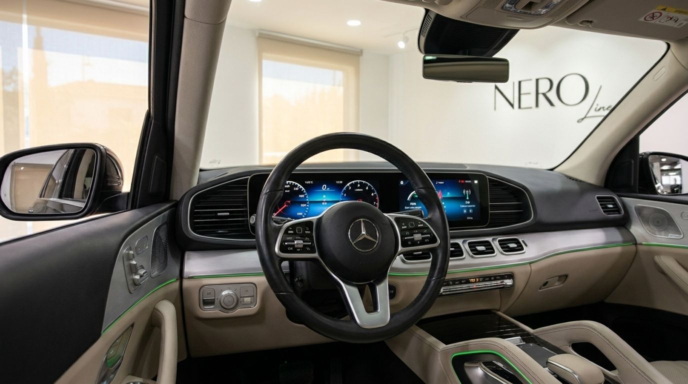 El lujoso interior del Mercedes-Benz GLE 450 AMG, mostrando su volante, salpicadero digital e iluminación ambiental en Madrid.