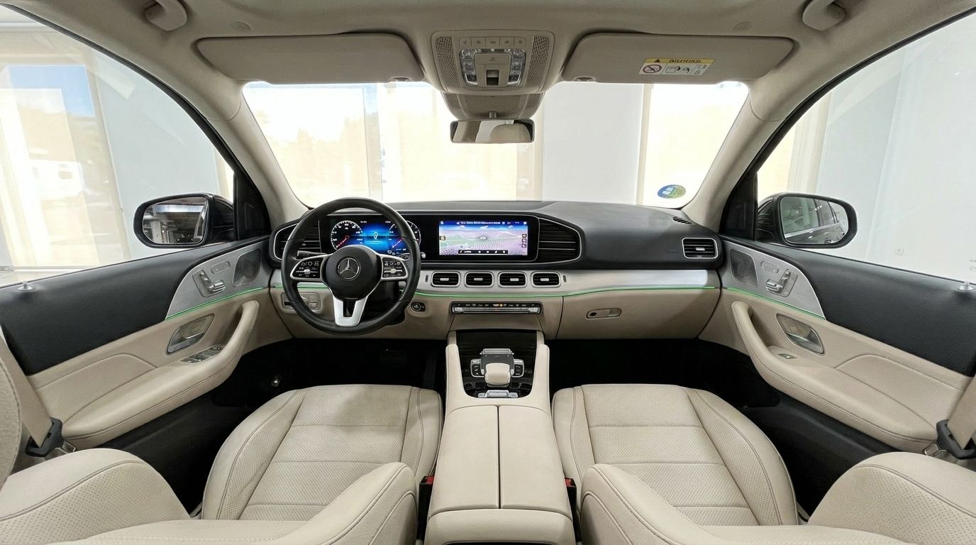 El lujoso interior del Mercedes-Benz GLE 450 AMG en Madrid, con un moderno habitáculo, pantallas duales y asientos de cuero beige claro.
