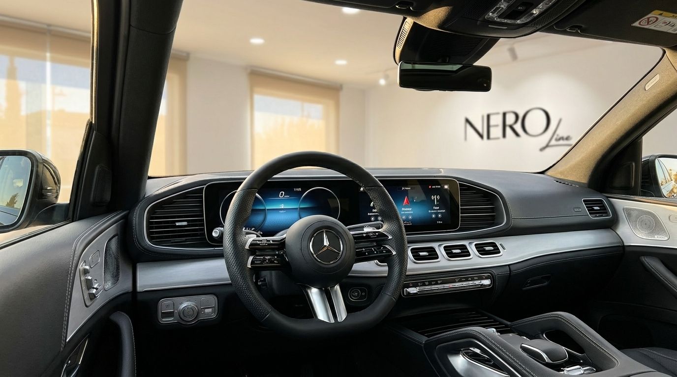The luxurious cockpit of the Mercedes-Benz GLE 450d in Marbella, featuring its steering wheel, dual screens, and premium dashboard.