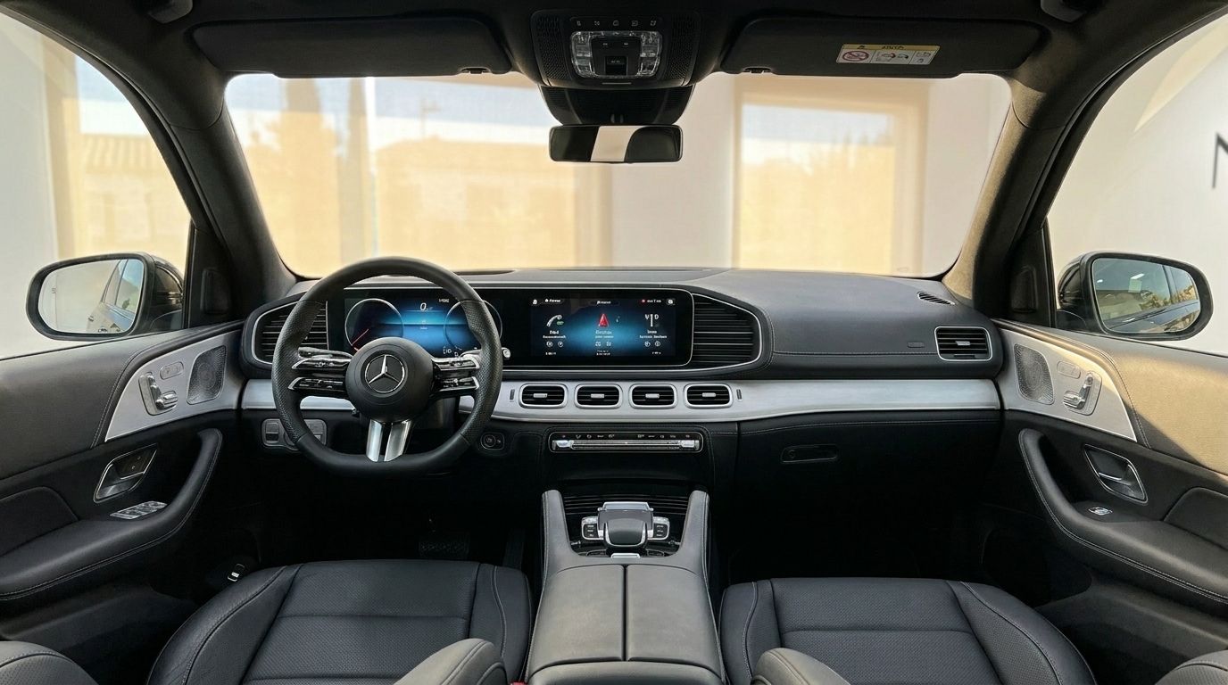 The luxurious interior of the Mercedes-Benz GLE 450d in Marbella, featuring the modern cockpit with dual screens and leather seats.