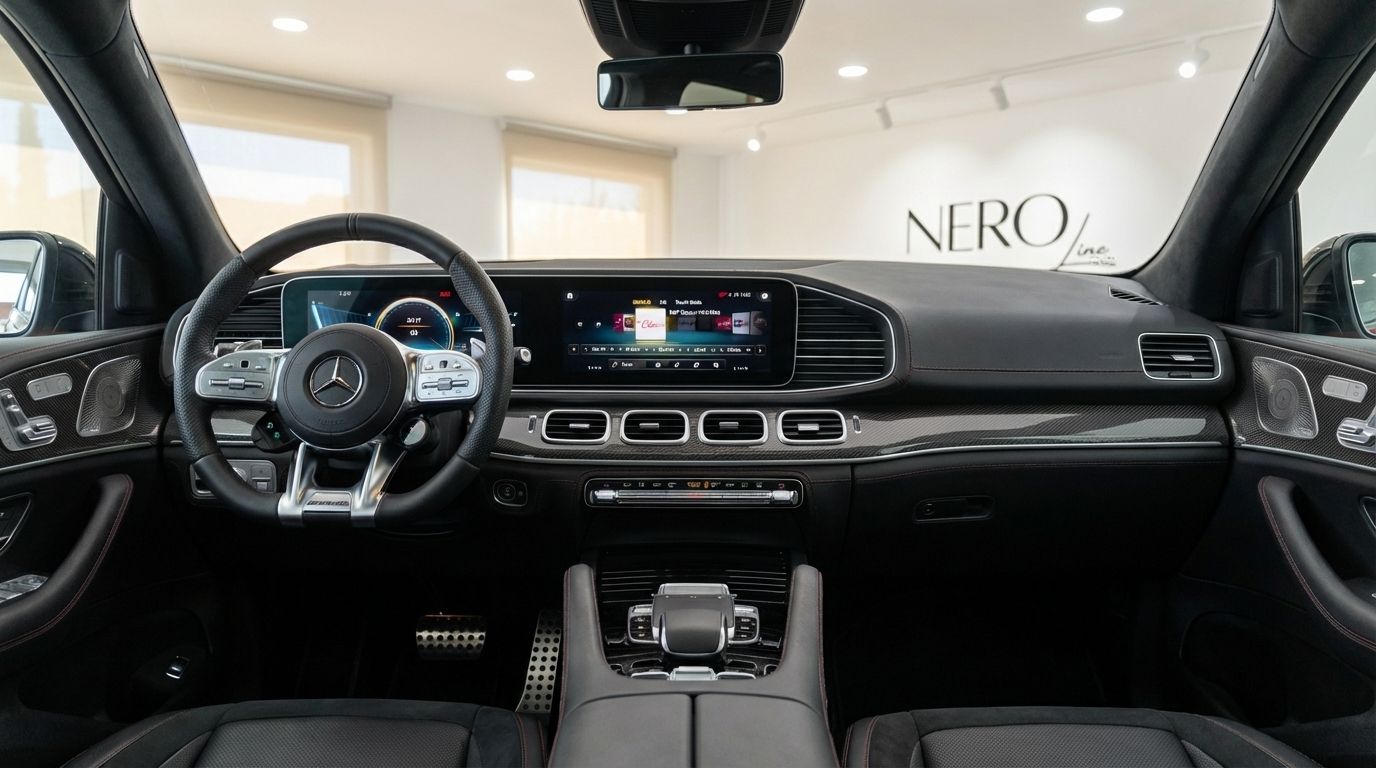 The luxurious interior of the 2022 Mercedes-Benz GLE 63s AMG, showcasing the dashboard, steering wheel, and infotainment system in Alicante.