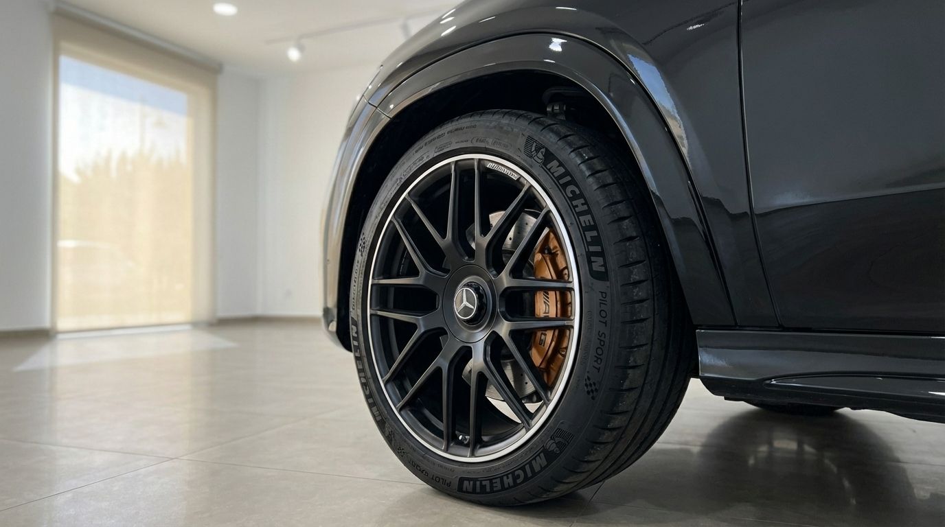 The glossy black Mercedes-Benz GLE 63s AMG showcases its front wheel with a multi-spoke black rim and bronze brake caliper in Alicante.