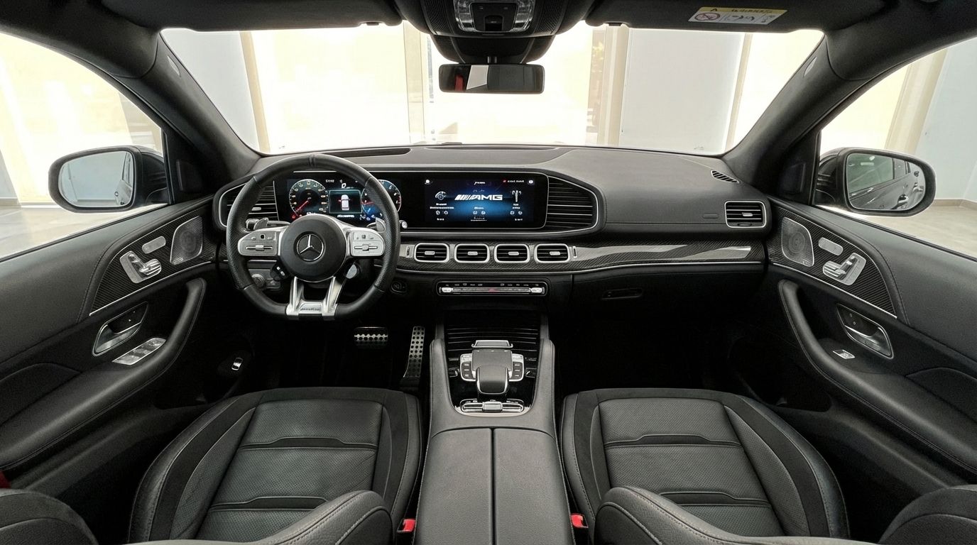 The luxurious black interior of the Mercedes-Benz GLE 63s AMG, showcasing the dashboard, steering wheel, and front seats in Alicante.