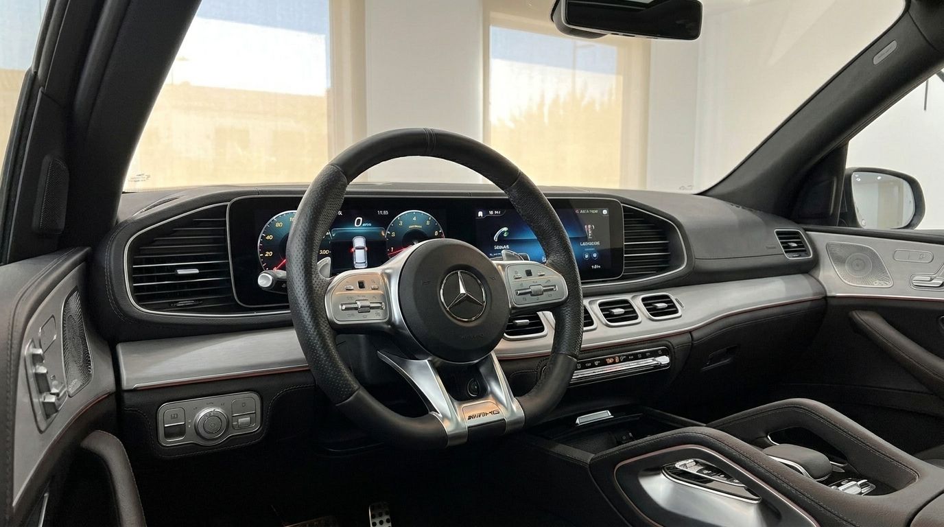 The luxurious cockpit of the Mercedes-Benz GLE AMG Line, featuring its steering wheel, digital displays, and dashboard in Mallorca.