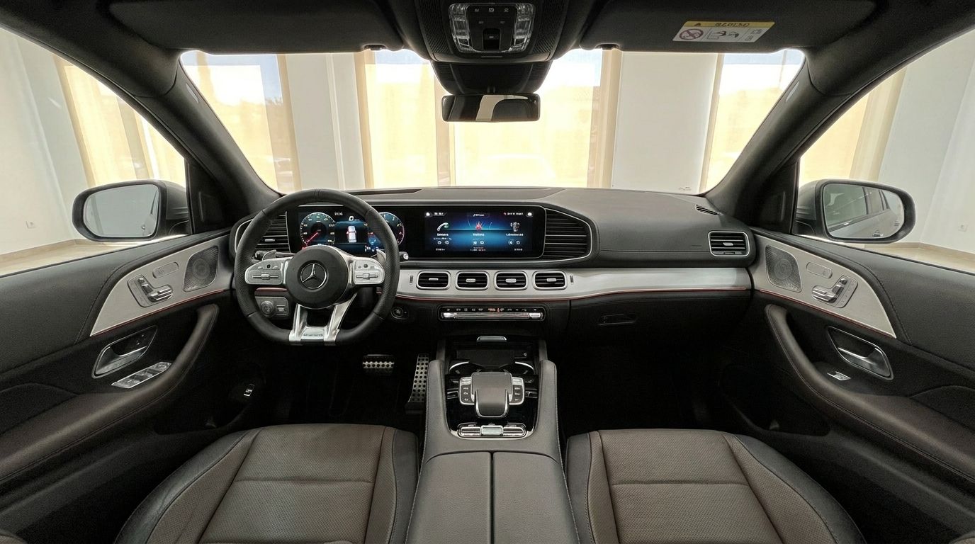 The luxurious interior of the Mercedes-Benz GLE AMG Line in Mallorca, showcasing the dashboard, steering wheel, and center console.