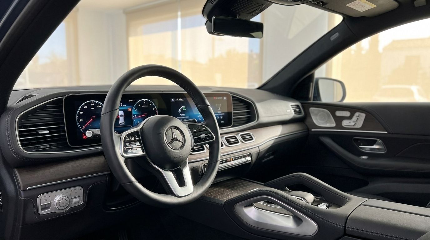 The luxurious interior of the Mercedes-Benz GLE Coupe in Mallorca, showcasing the steering wheel, digital dashboard, and wood trim.