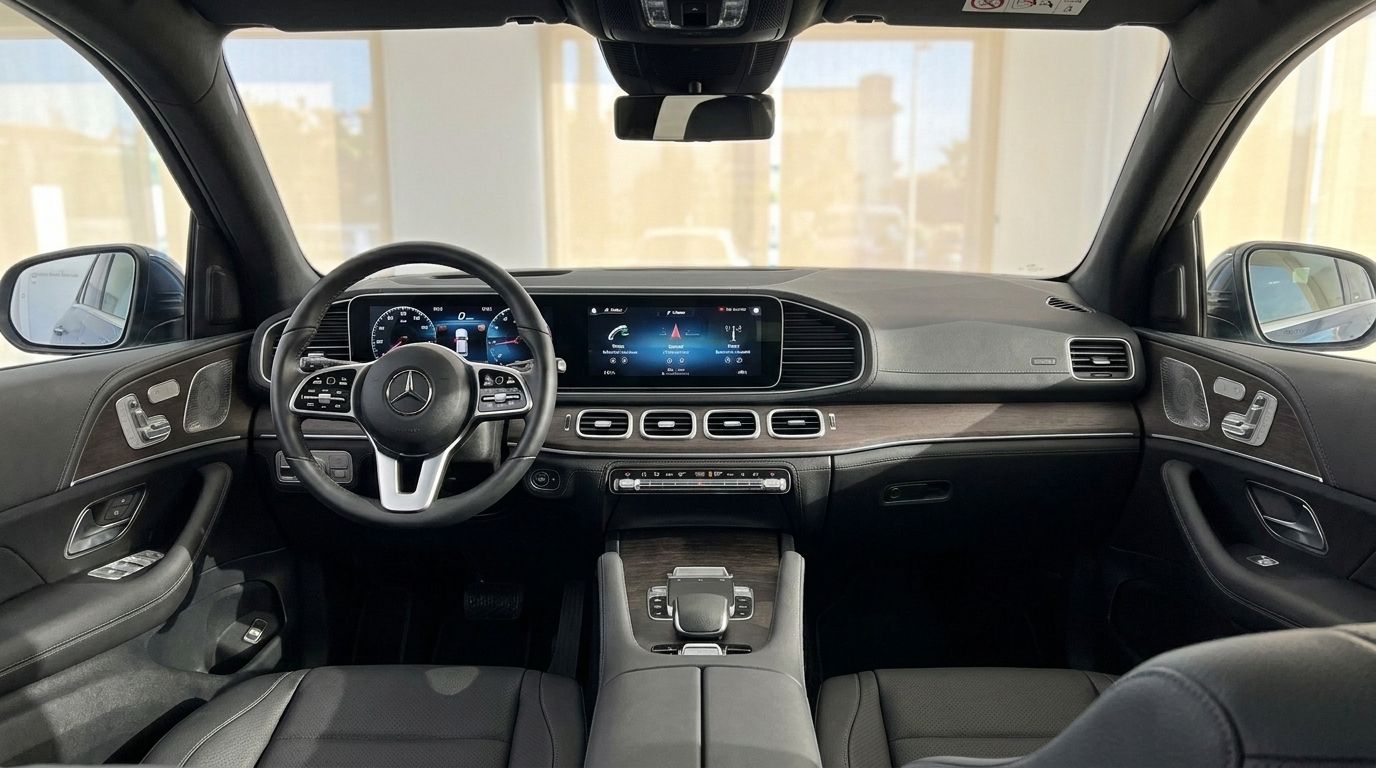 The luxurious interior dashboard of the 2022 Mercedes-Benz GLE Coupe in Mallorca, featuring the steering wheel and infotainment screen.