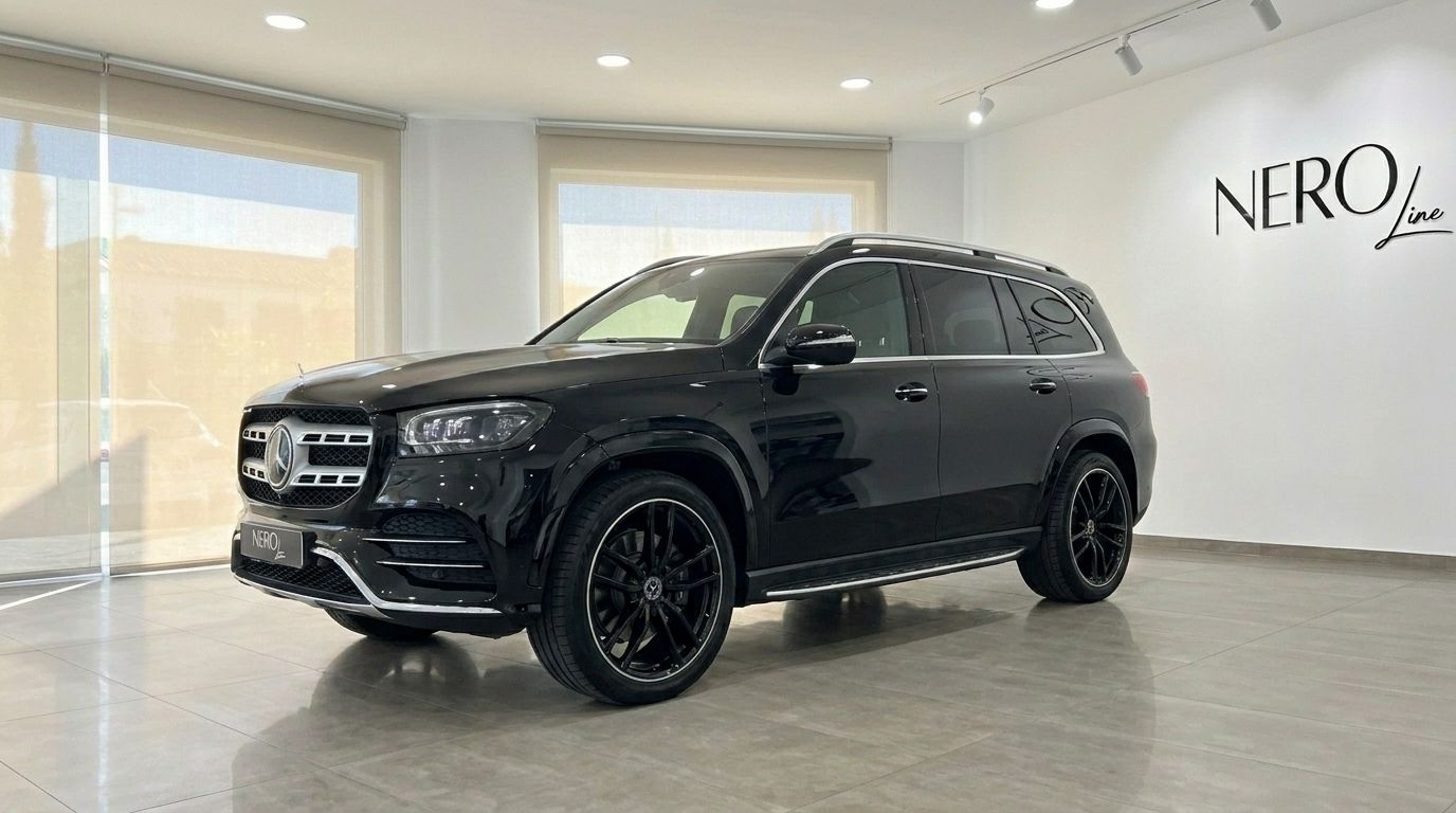 El SUV Mercedes-Benz GLS 450 4Matic negro brillante se exhibe en vista tres cuartos frontal en un luminoso concesionario de Madrid.