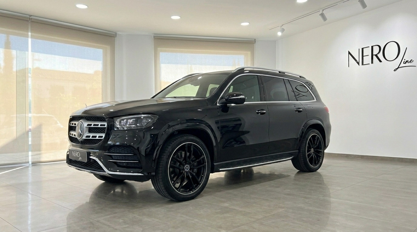 Mercedes-Benz GLS 450 4Matic — Vista showroom Madrid El SUV Mercedes-Benz GLS 450 4Matic negro brillante se exhibe en vista tres cuartos frontal en un luminoso concesionario de Madrid.