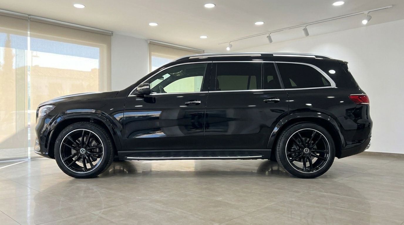 El elegante Mercedes-Benz GLS 450 4Matic negro se muestra de perfil completo, aparcado en interiores en Madrid.