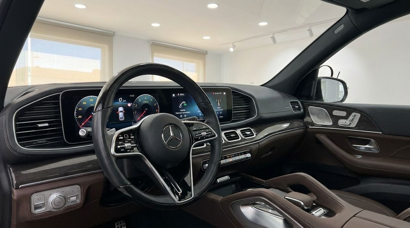 El lujoso interior del Mercedes-Benz GLS 450 4Matic en Madrid, mostrando el volante, el salpicadero digital y los acabados en cuero marrón.