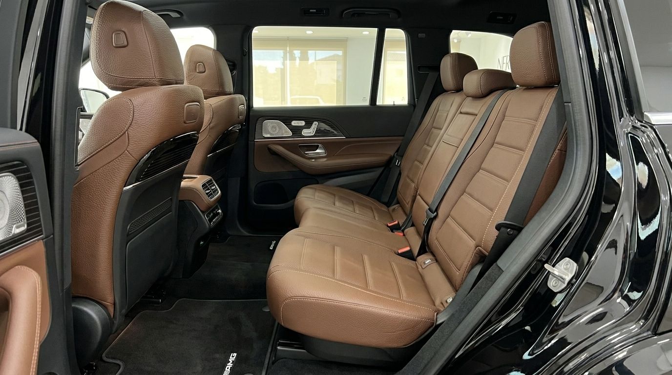 Los lujosos asientos traseros de cuero marrón y el interior del Mercedes-Benz GLS 450 4Matic en Madrid.