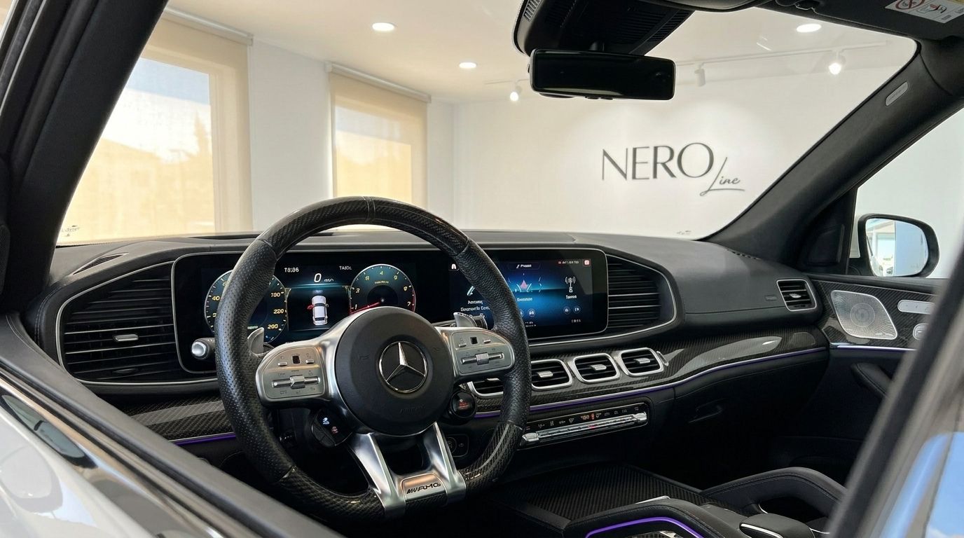 The luxurious cockpit interior of the Mercedes-Benz GLS 63 AMG in Alicante, featuring a multi-function steering wheel and dual digital displays.