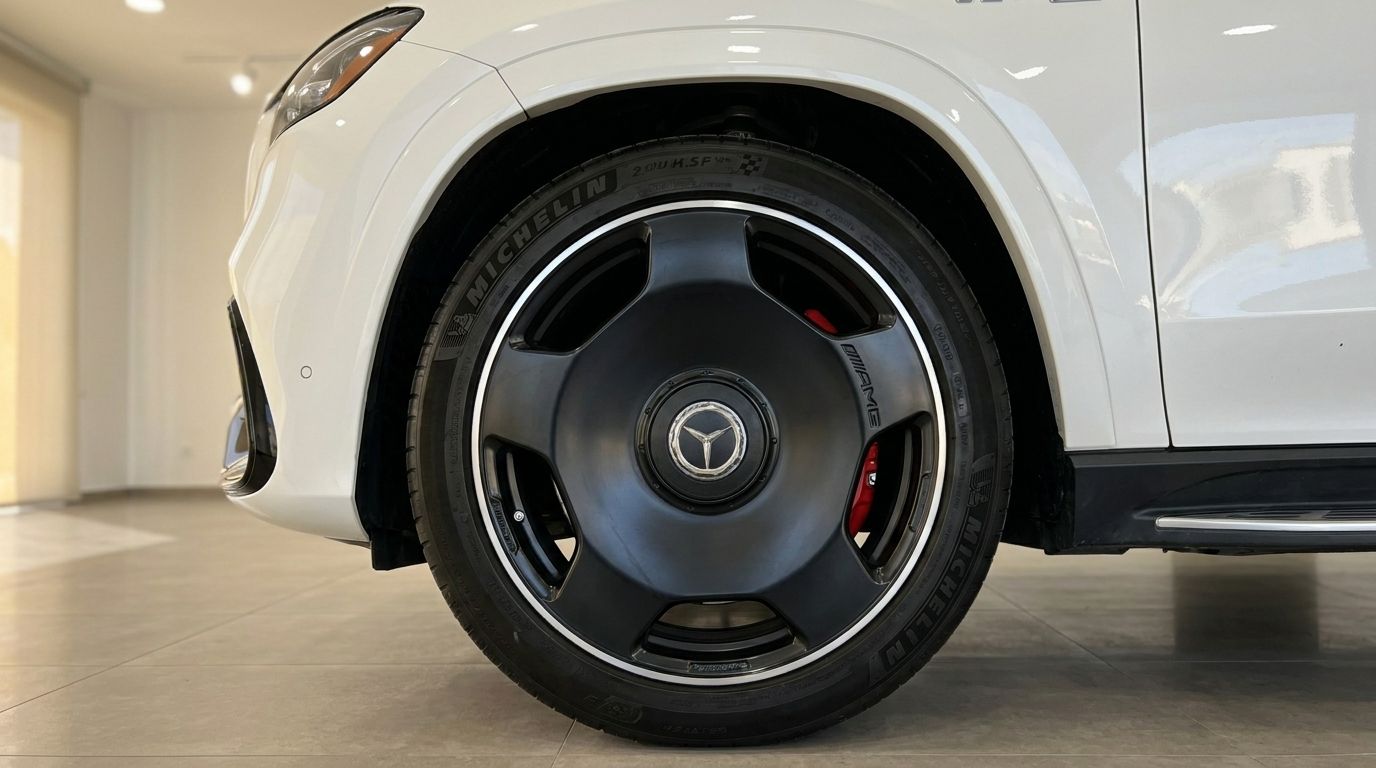 The white Mercedes-Benz GLS 63 AMG displays its front wheel with a distinctive black rim and red brake calipers in Alicante.