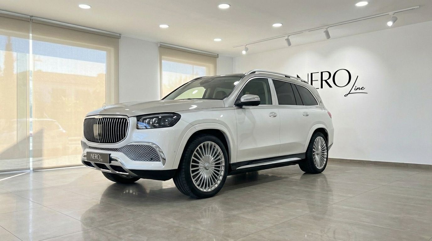 El Mercedes-Benz GLS680 MAYBACH 2024 blanco perla se exhibe desde una vista tres cuartos frontal en un concesionario de Madrid.