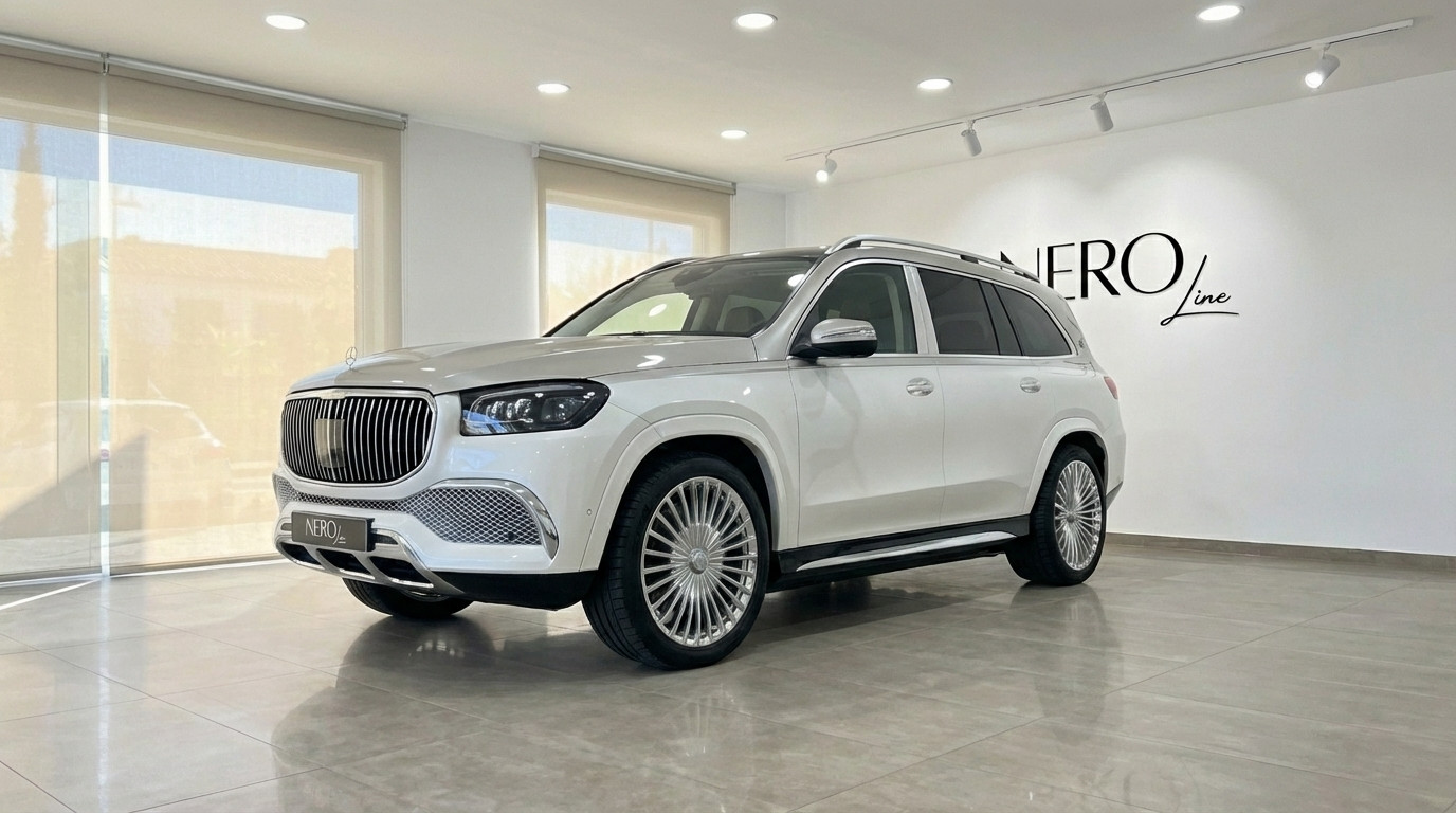 Mercedes-Benz GLS680 MAYBACH — Showroom Madrid El Mercedes-Benz GLS680 MAYBACH 2024 blanco perla se exhibe desde una vista tres cuartos frontal en un concesionario de Madrid.