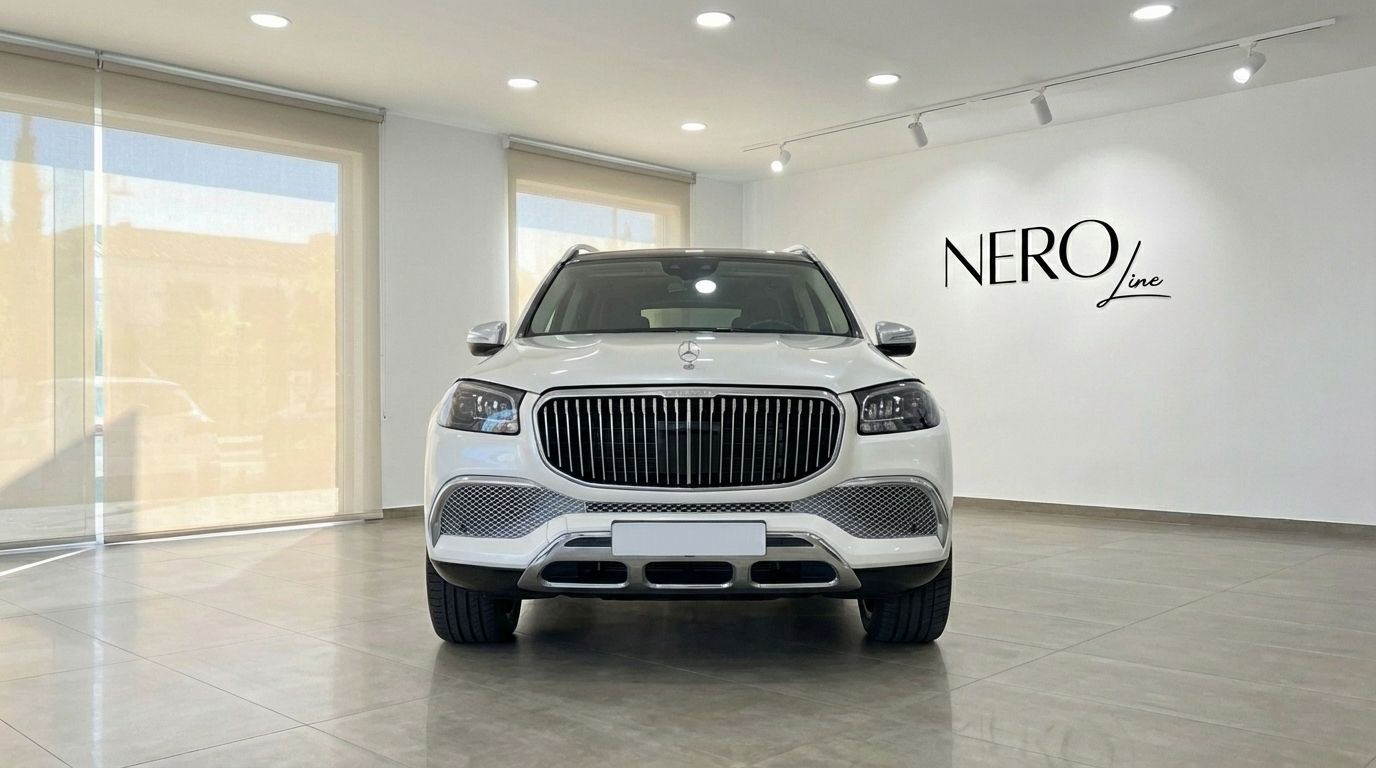 El SUV de lujo Mercedes-Benz GLS680 MAYBACH 2024 blanco perla se exhibe de frente en un concesionario en Madrid.