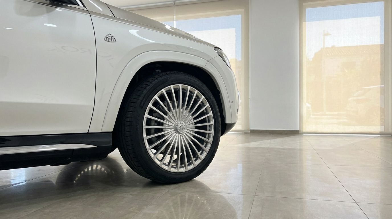 Lateral delantero del Mercedes-Benz GLS680 MAYBACH blanco, mostrando la rueda con radios intrincados y el emblema Maybach, en un concesionario en Madrid.