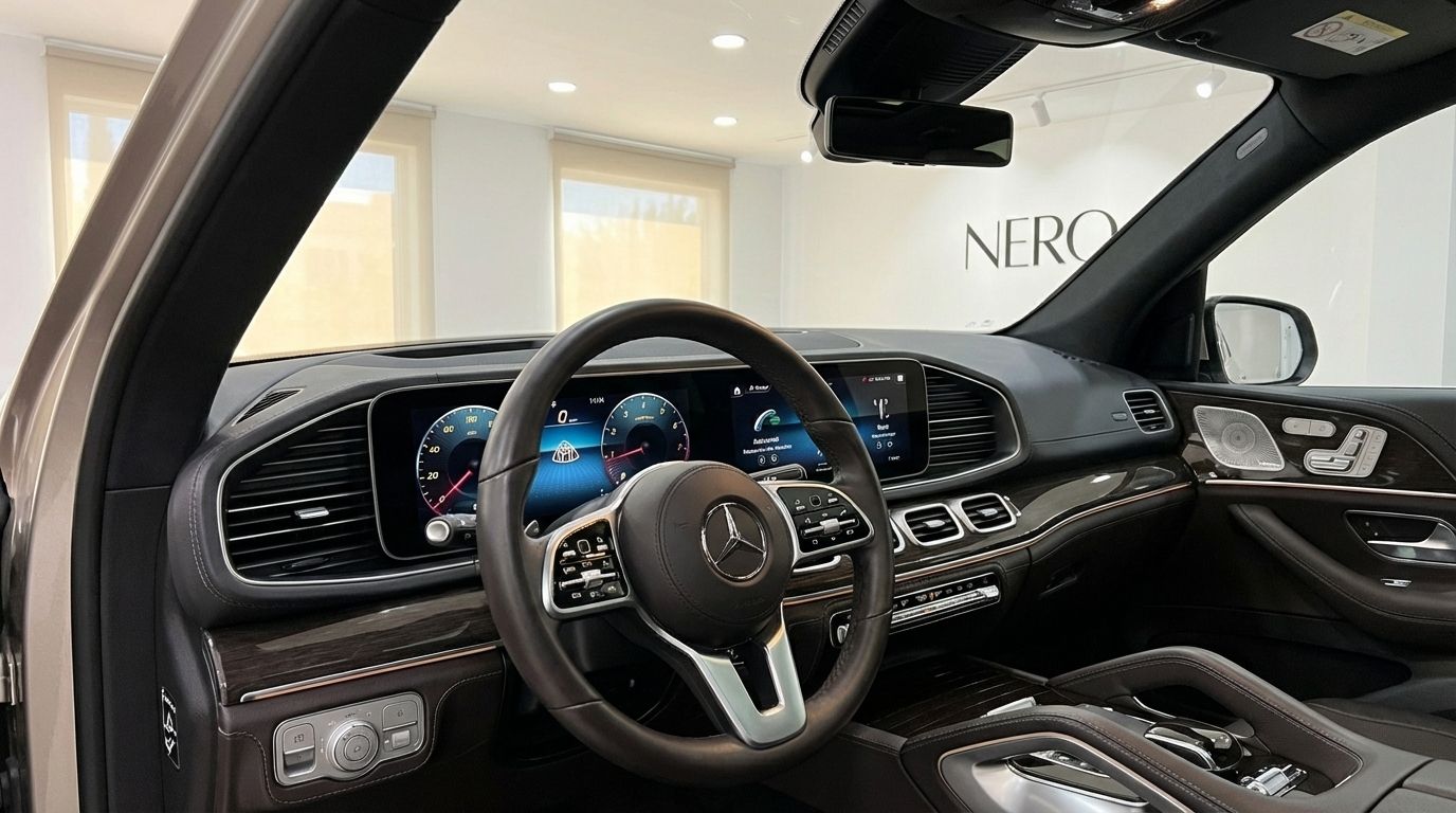 El lujoso interior del Mercedes-Benz GLS680 MAYBACH en Madrid, mostrando el volante y el salpicadero digital.