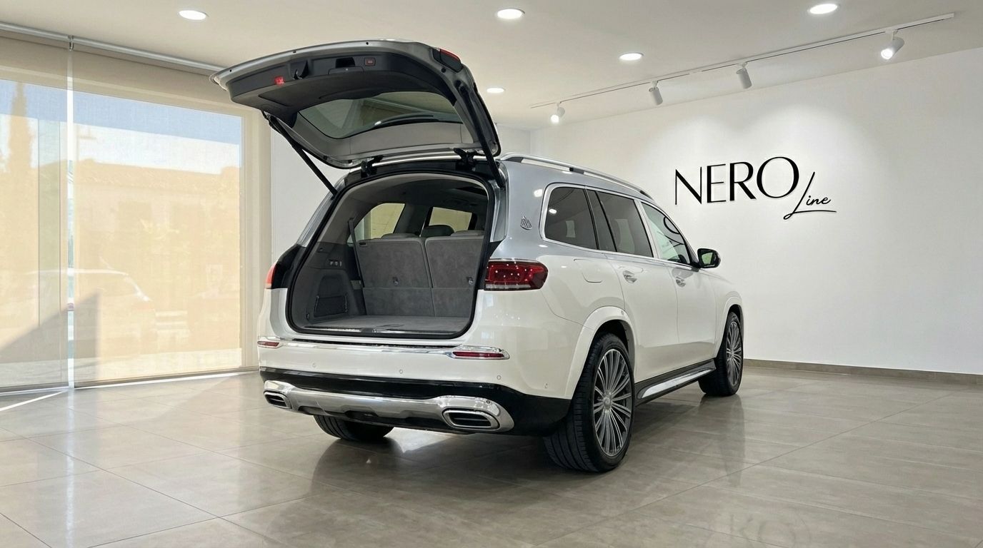 El SUV Mercedes-Benz GLS680 MAYBACH 2024 blanco perla, visto desde atrás con el maletero abierto, estacionado en un concesionario en Madrid.