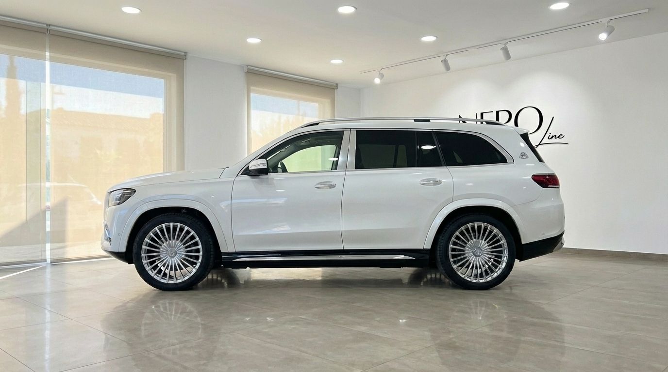 El Mercedes-Benz GLS680 MAYBACH blanco perla se exhibe de perfil, estacionado en el interior en Madrid.