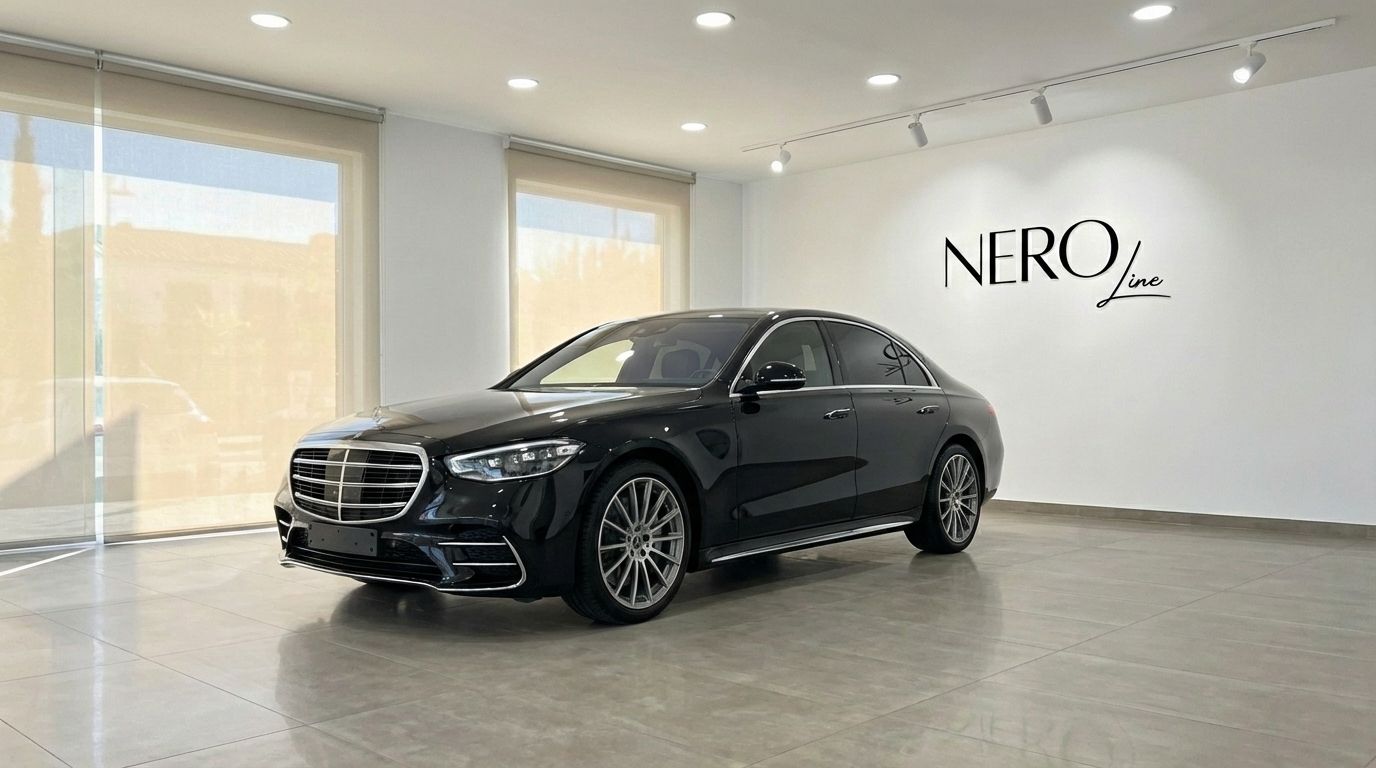 The metallic black Mercedes-Benz S350d is showcased from a front three-quarter view in a bright showroom in Alicante.
