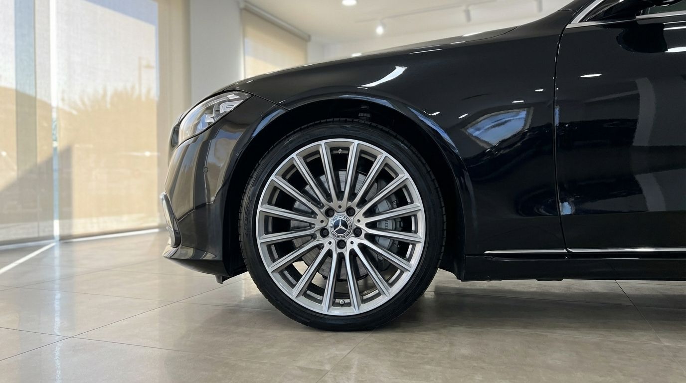 Close-up of the metallic black Mercedes-Benz S350d's front wheel and fender, showcasing its sleek design in Alicante.