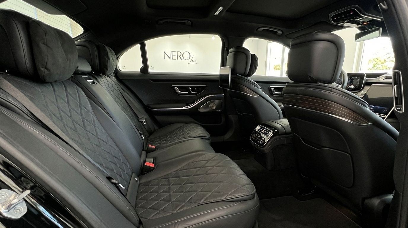 The luxurious black leather rear seats with diamond stitching of the Mercedes-Benz S350d interior, available in Alicante.