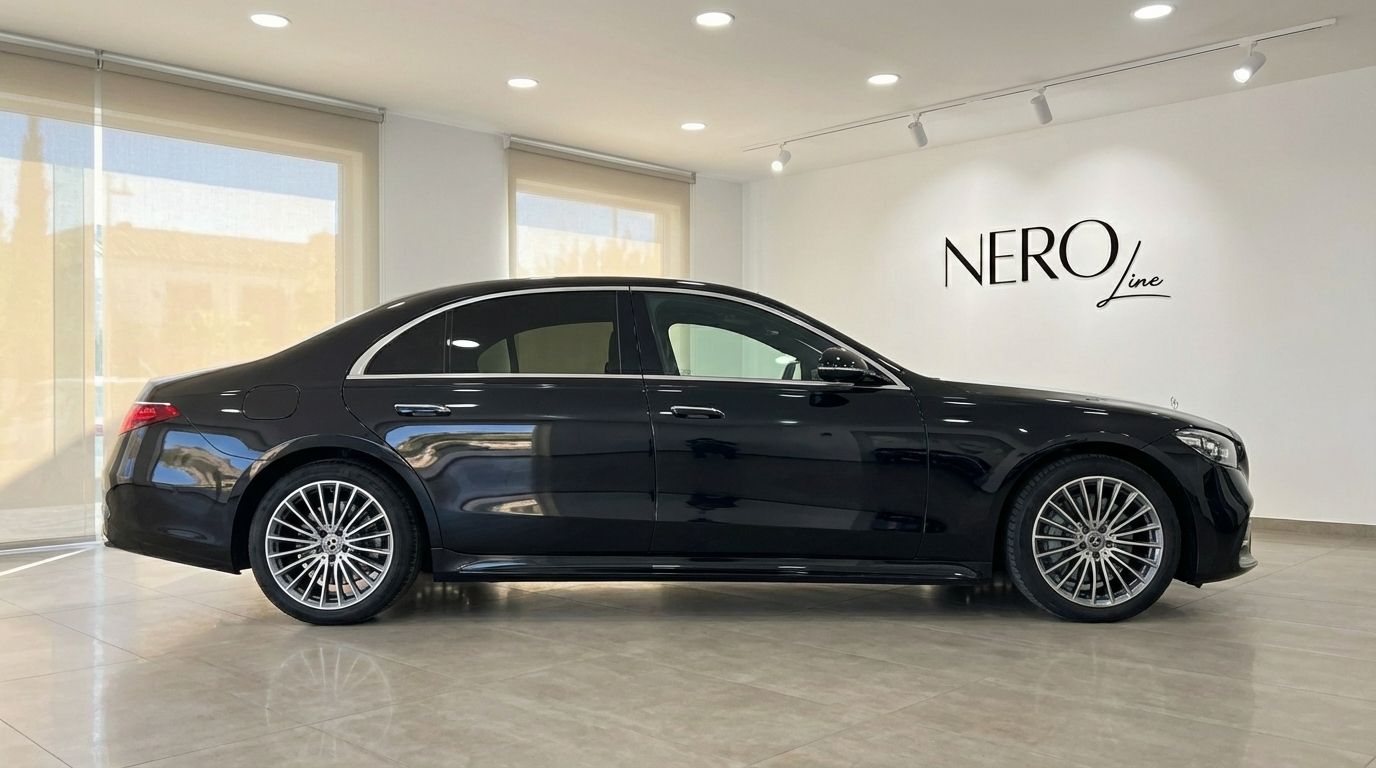 The sleek metallic black 2025 Mercedes-Benz S350d is showcased in a side profile view inside a showroom in Alicante.