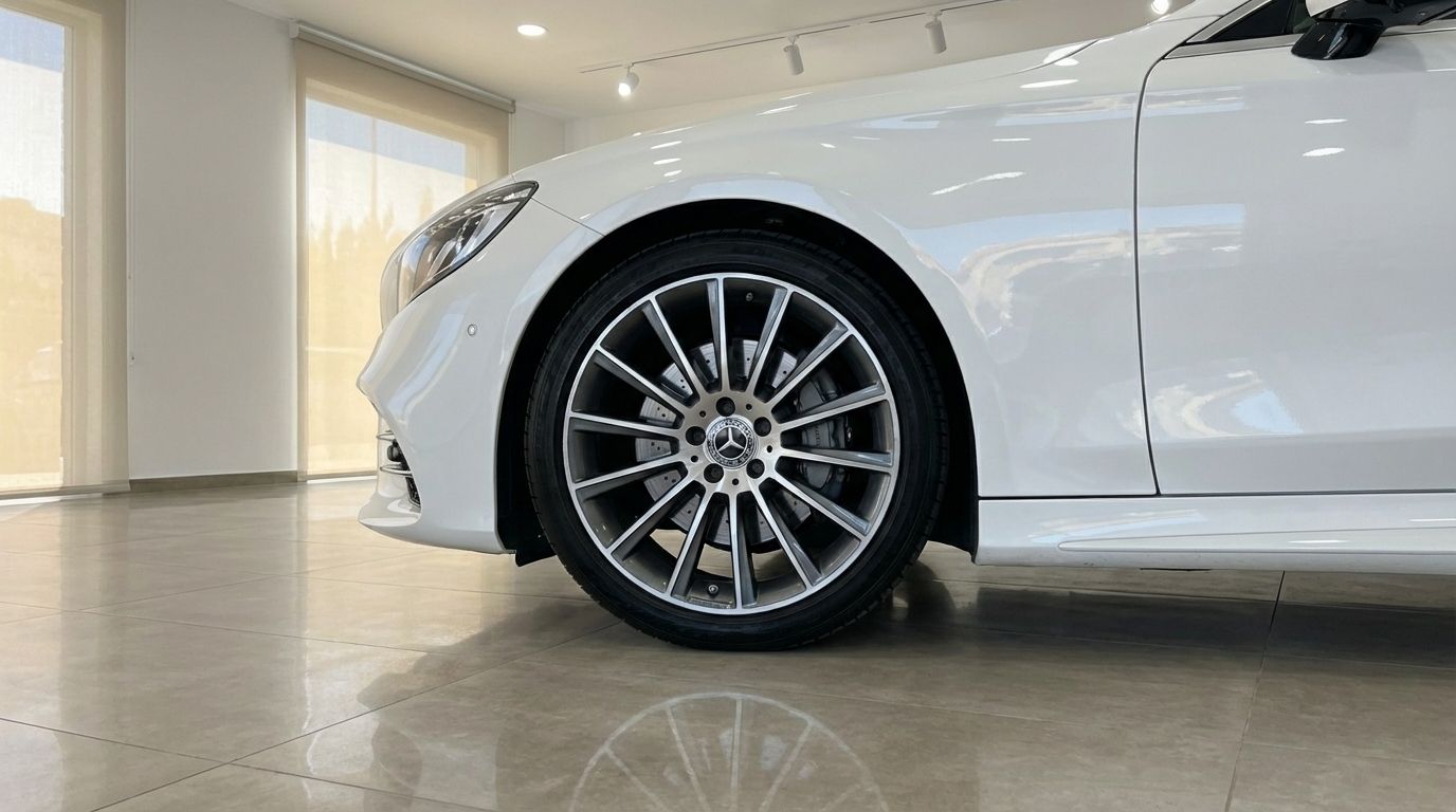 The front-left wheel and side profile of a white Mercedes-Benz S500 Coupe, showcasing its elegant design in Alicante.