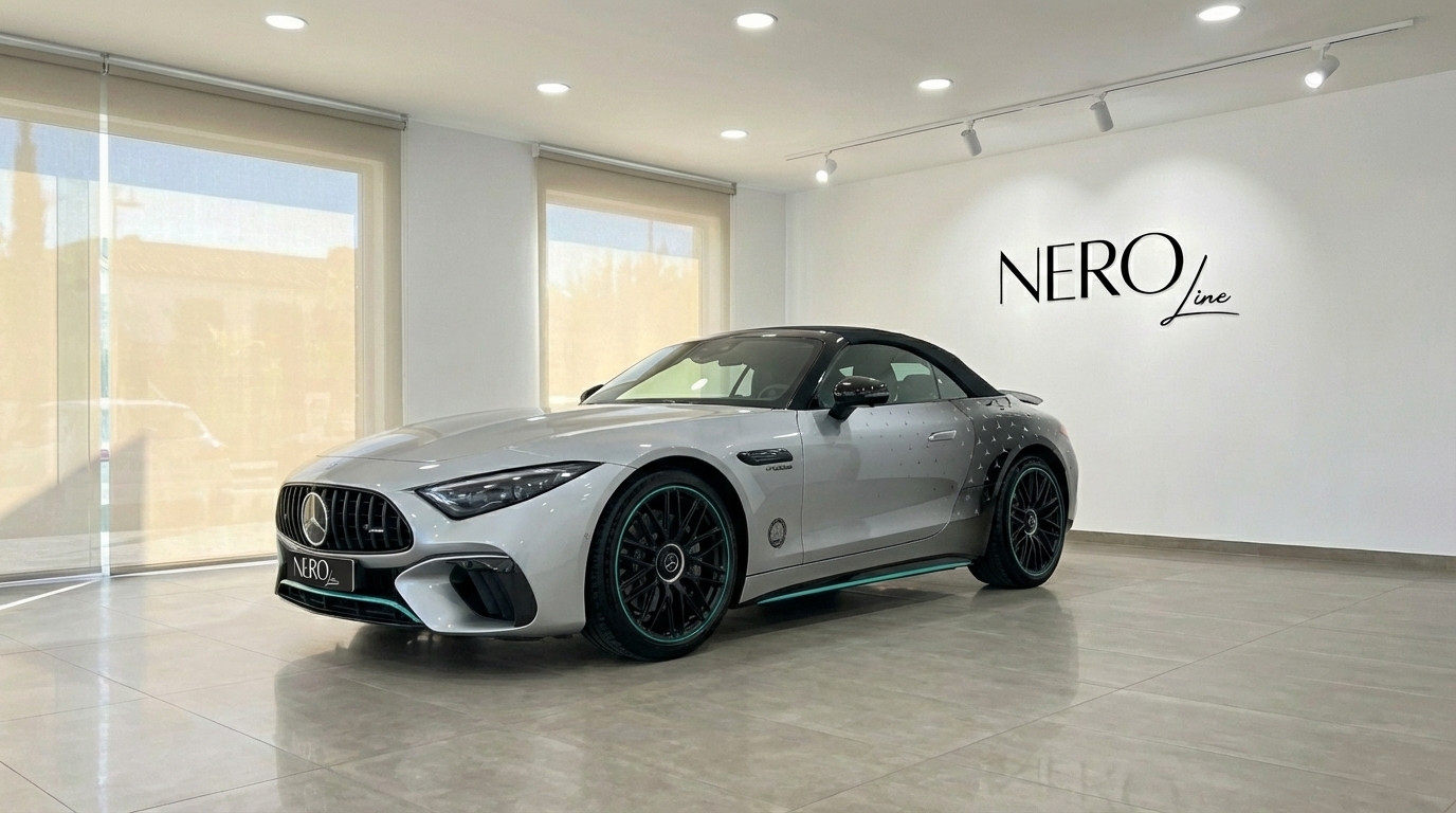 Mercedes-Benz SL43 AMG — Showroom view The silver 2023 Mercedes-Benz SL43 AMG convertible, with its black soft top, is elegantly displayed in a bright Alicante showroom.