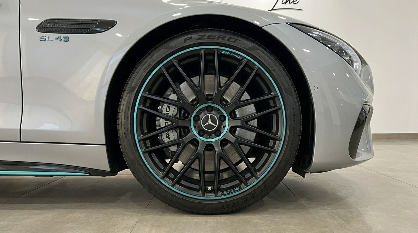 The grey Mercedes-Benz SL43 AMG features a prominent front wheel with a black multi-spoke rim and a turquoise accent, visible in Alicante.