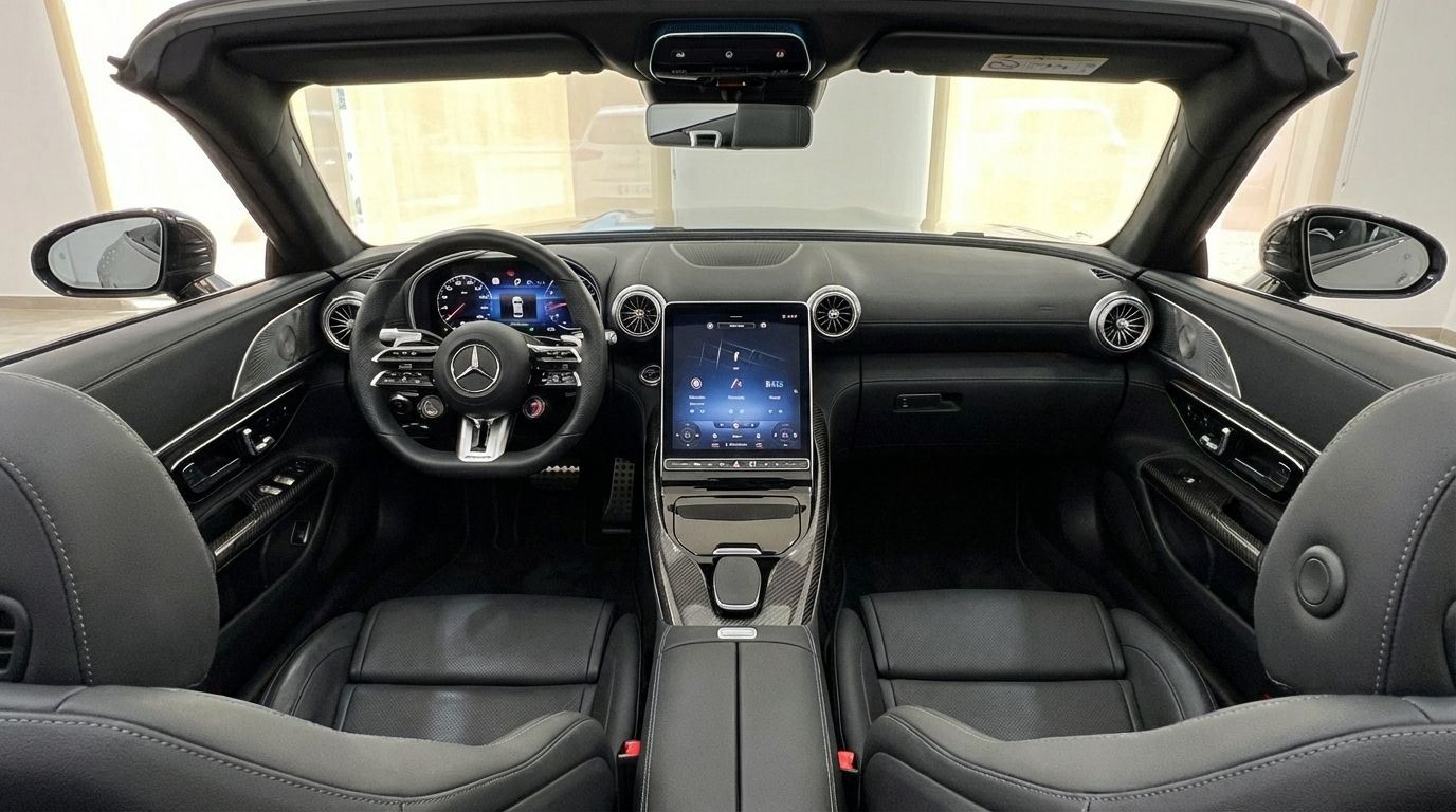The luxurious black leather interior and dashboard of the Mercedes-Benz SL43 AMG, featuring a large central display, in Alicante.