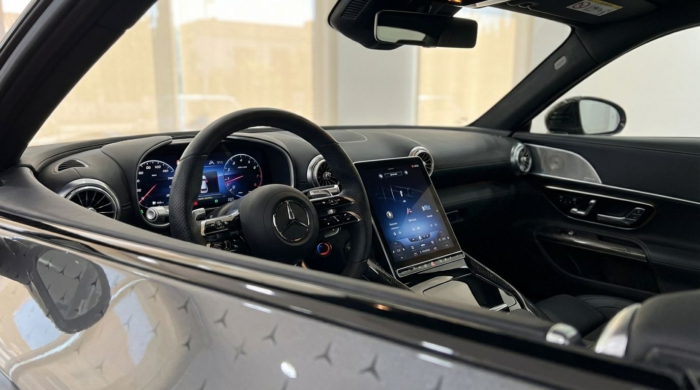 The luxurious interior cockpit of the 2023 Mercedes-Benz SL43 AMG in Alicante, featuring the steering wheel, digital dash, and central touchscreen.