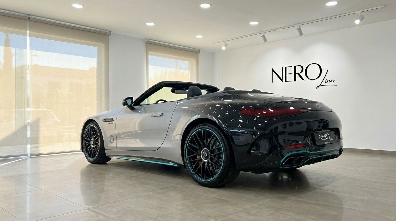 The grey 2023 Mercedes-Benz SL43 AMG convertible is parked in a bright Alicante showroom, viewed from the rear three-quarter angle.
