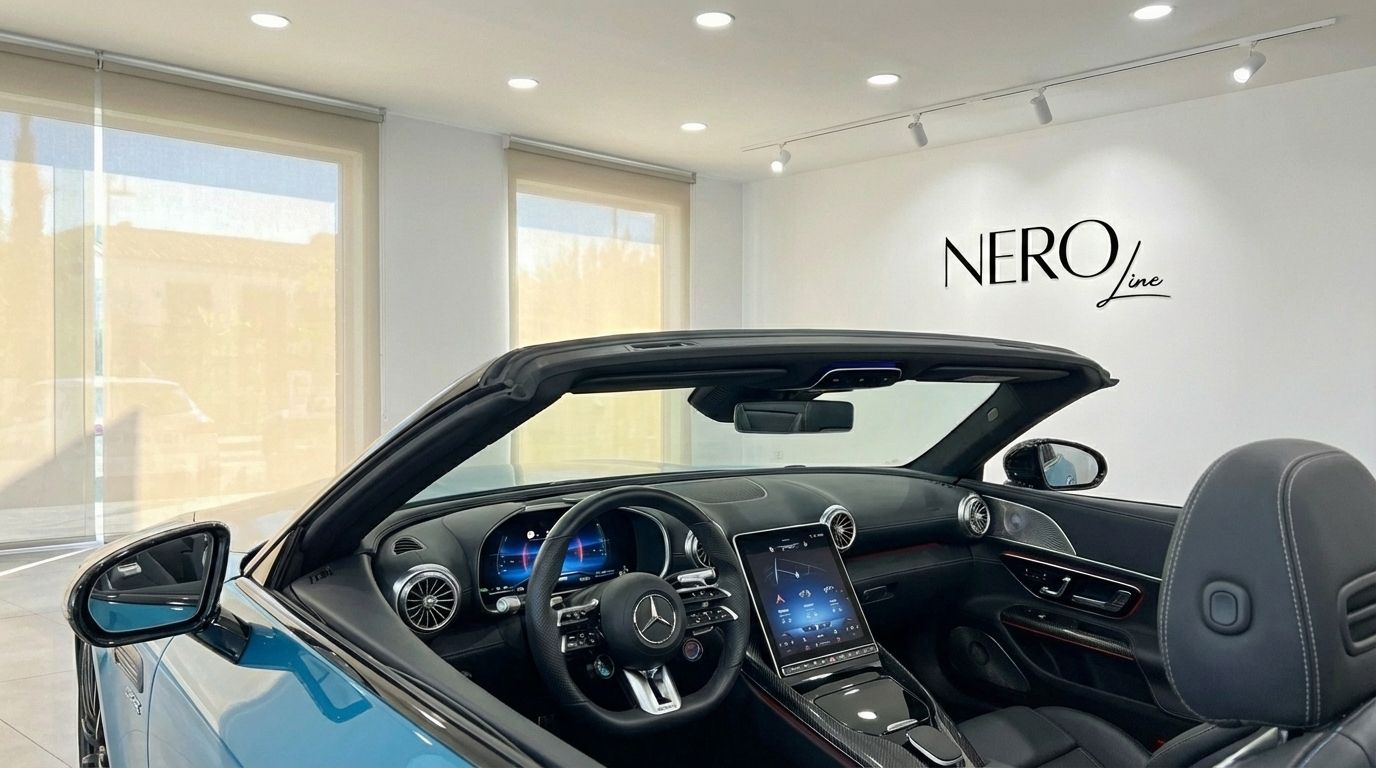 The luxurious cockpit and dashboard of the turquoise blue Mercedes-Benz SL43 AMG Roadster with its roof open in Alicante.