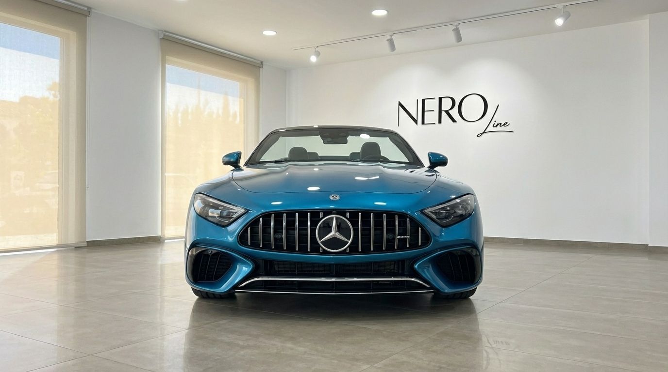 The turquoise blue Mercedes-Benz SL43 AMG Roadster is showcased from the front view in a bright showroom in Alicante.