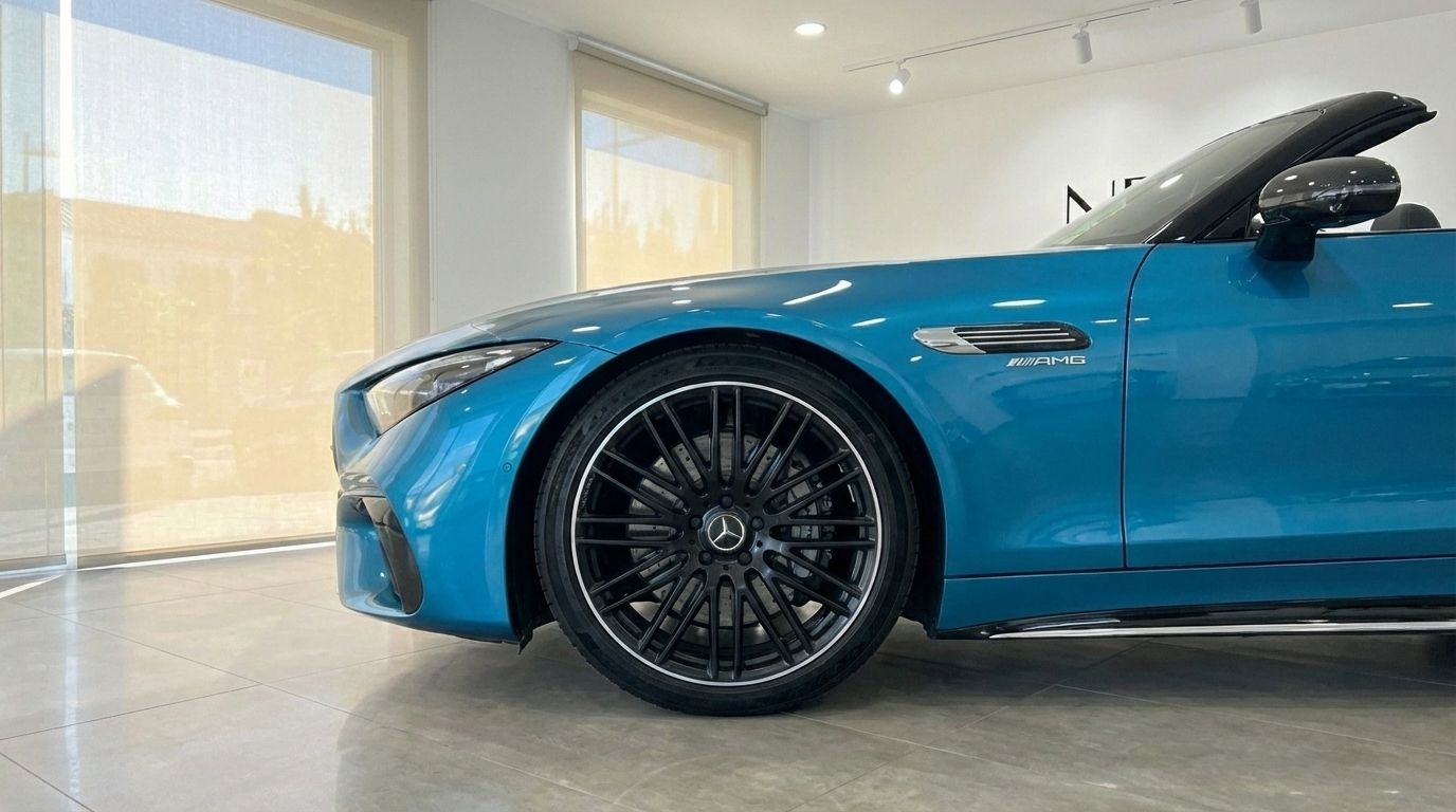 The vibrant turquoise blue Mercedes-Benz SL43 AMG Roadster, showcasing its front-left wheel and fender in Alicante.