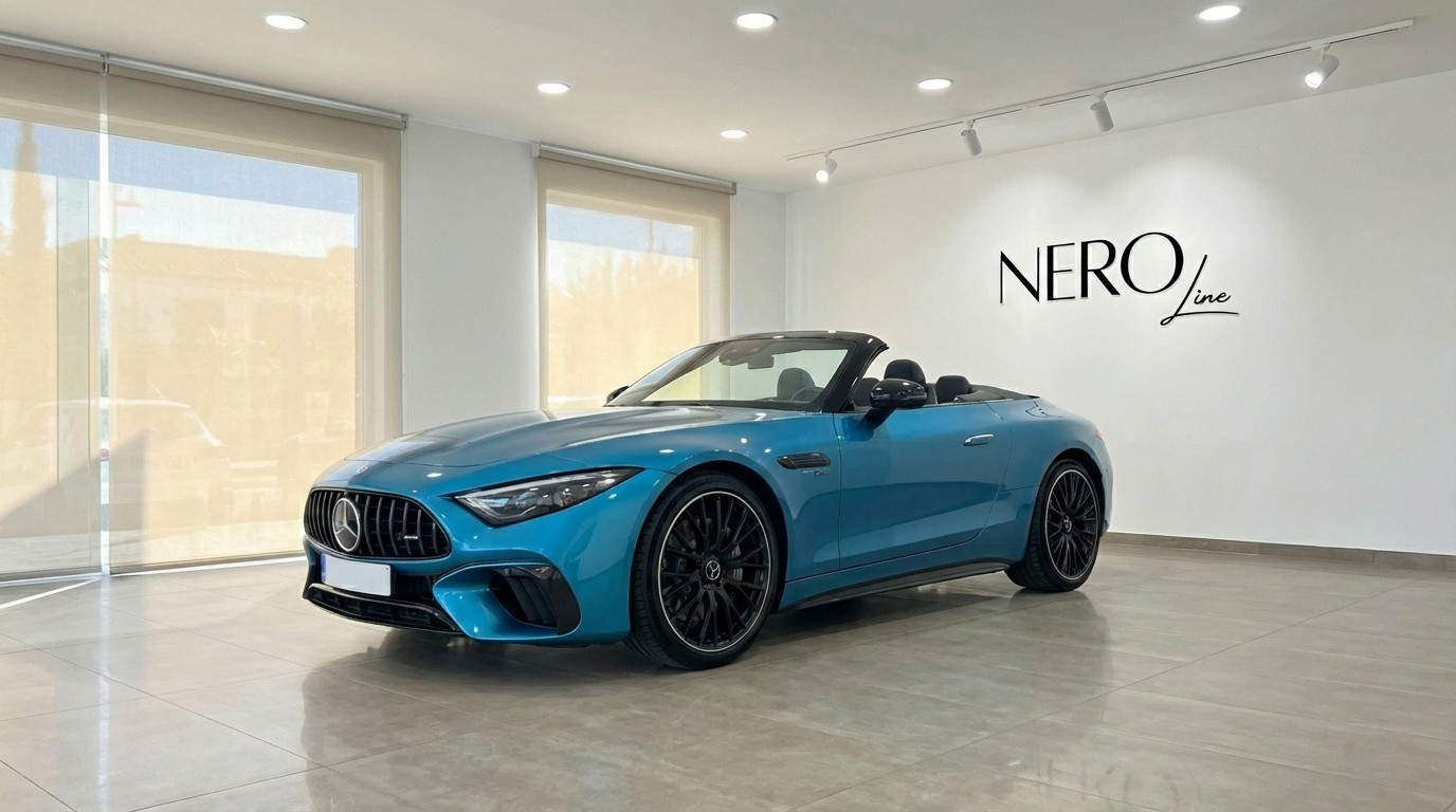 Mercedes-Benz SL43 AMG Roadster — Showroom view Alicante A turquoise blue Mercedes-Benz SL43 AMG Roadster, convertible top down, is showcased in a modern showroom in Alicante.