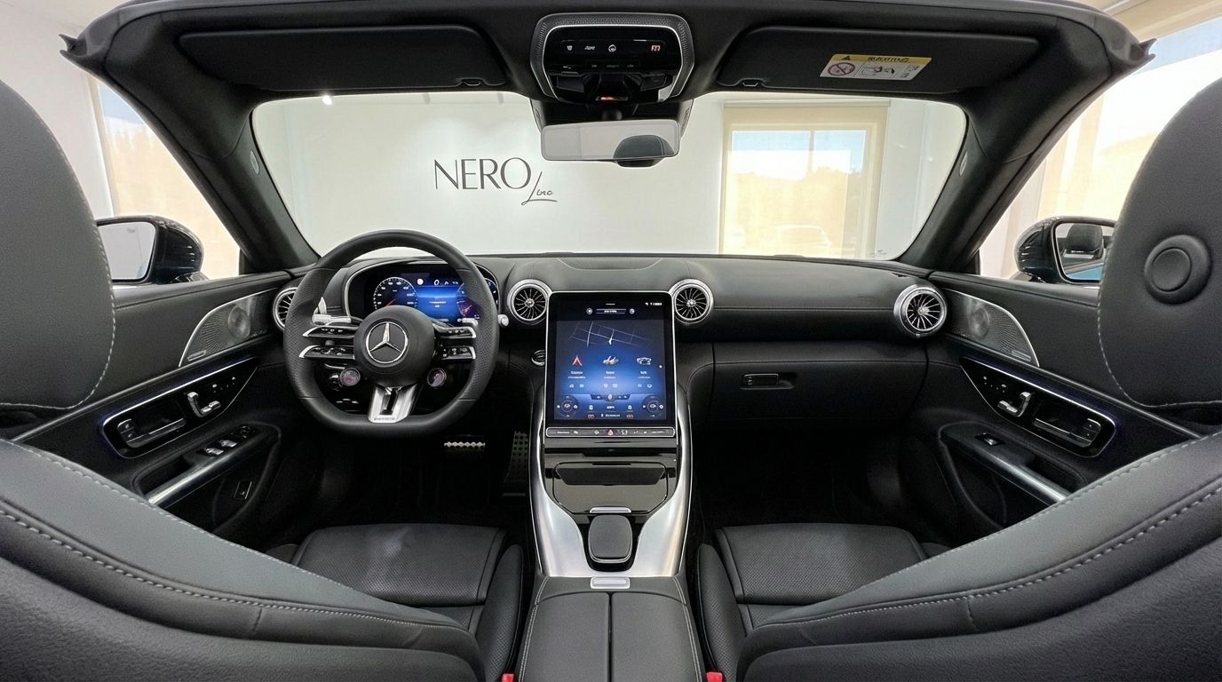 The luxurious black leather interior and modern dashboard of the Mercedes-Benz SL43 AMG Roadster in Alicante, featuring a large central screen and steering wheel.